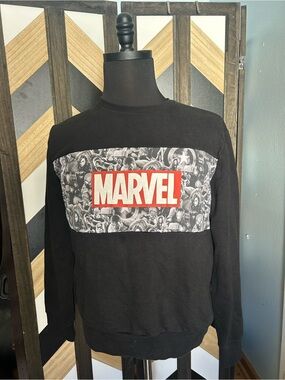 Marvel Black Crewneck Sweatshirt with Red Logo Panel